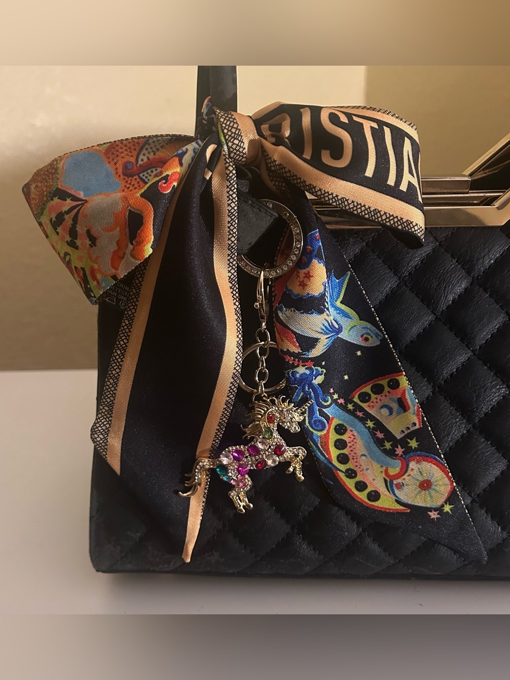Boutique 2in1 Twilly Women Purse Scarf Van Gogh Black Gold Blue Red Reversible